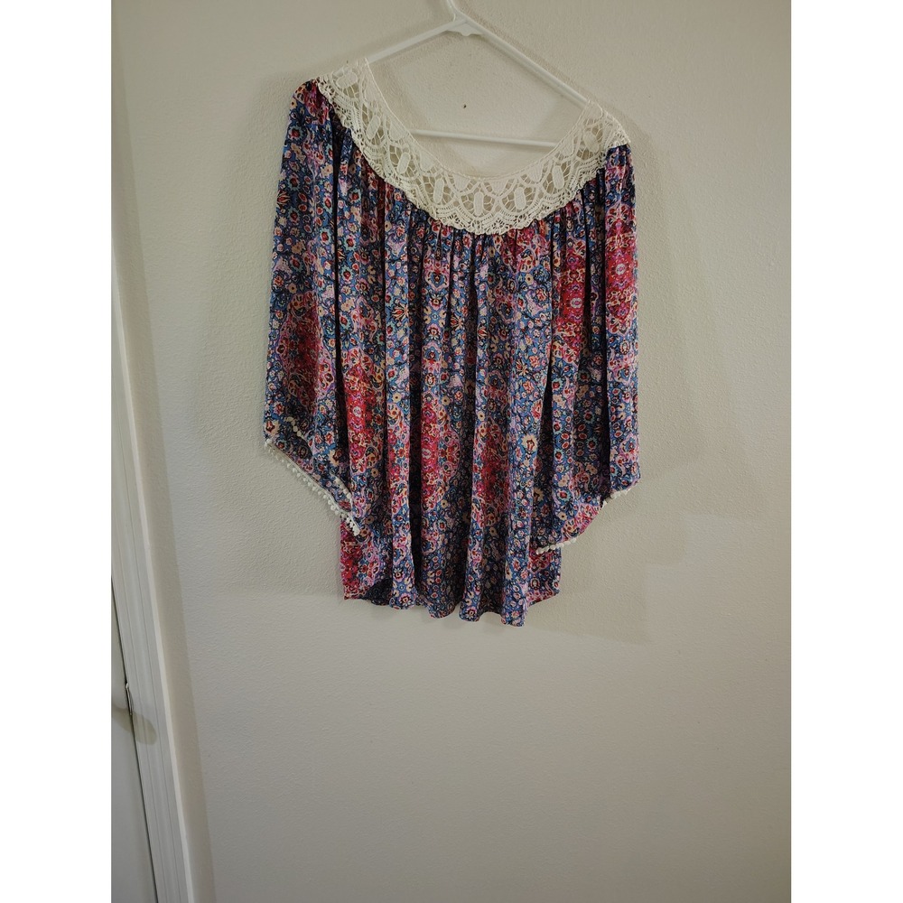 Eyeshadow Womens 1X Boho Floral Paisley Crochet Lace Neck Blouse Blue Pink